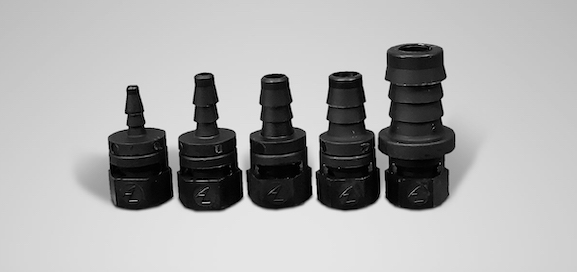 A range of plastic barbed fittings. Air Logic can customize barb geometry for customer needs.