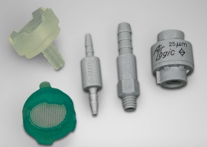 Small plastic filters. Inline filters, filtered intakes, Dip-tube filters, and filtered adaptors. 5um, 25um, 43um, 73um, 105um, 150um, 500um filters